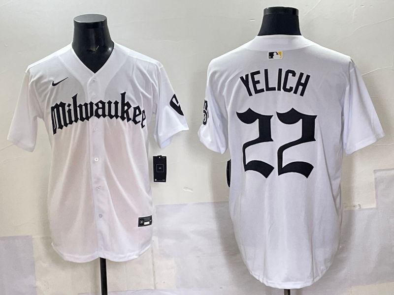 Men 2025 Milwaukee Brewers #22 Yelich White Five generations Joint Name Nike MLB Jersey style 03